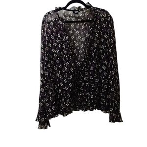 Studio 1940 Black Sheer Floral V-Neck Blouse with White and Lavender Print